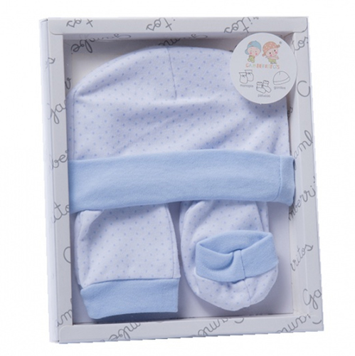 Gamberritos kiegészítő szett újszülötteknek 3 részes (sapka, kesztyű, kiscipő) pöttyös kék 9723 