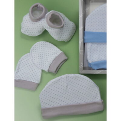 Gamberritos kiegészítő szett újszülötteknek 3 részes (sapka, kesztyű, kiscipő) pöttyös szürke 9723 